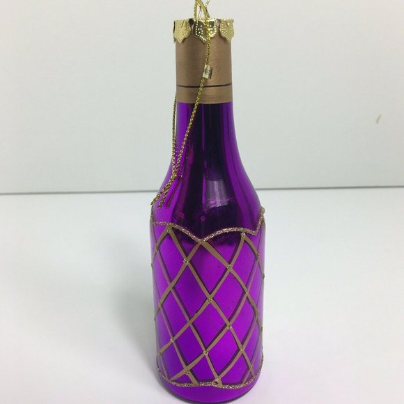 Wine Bottle Christmas Holiday Glass Ornament With Stones Purple Gold Glitter 6" - Picture 2 of 12